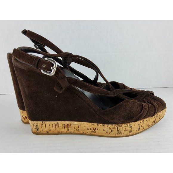 Prada Women's Platform Suede Leather Wedge Heels Sandals Shoes Size 39 - Picture 5 of 7